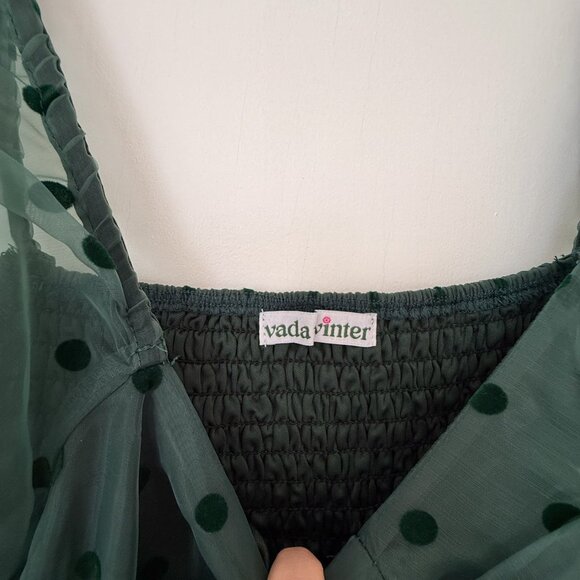 NWOT Vada Winter Everly Babydoll Puff Sleeve Blouse Polka Dot Green Black Size S - Picture 3 of 5